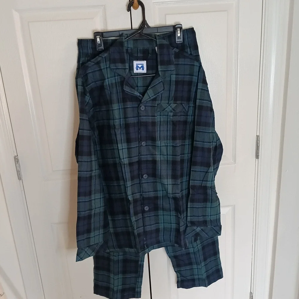 Majestic International Plaid Cotton Pajama Set Men's M Green Blue Lounge Sleep